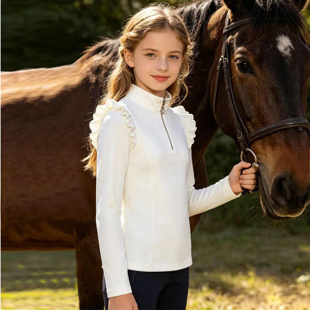 Rider wearing equestrian apparel beside a horse