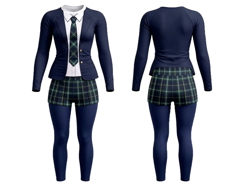 Navy equestrian outfit shown from the front and back