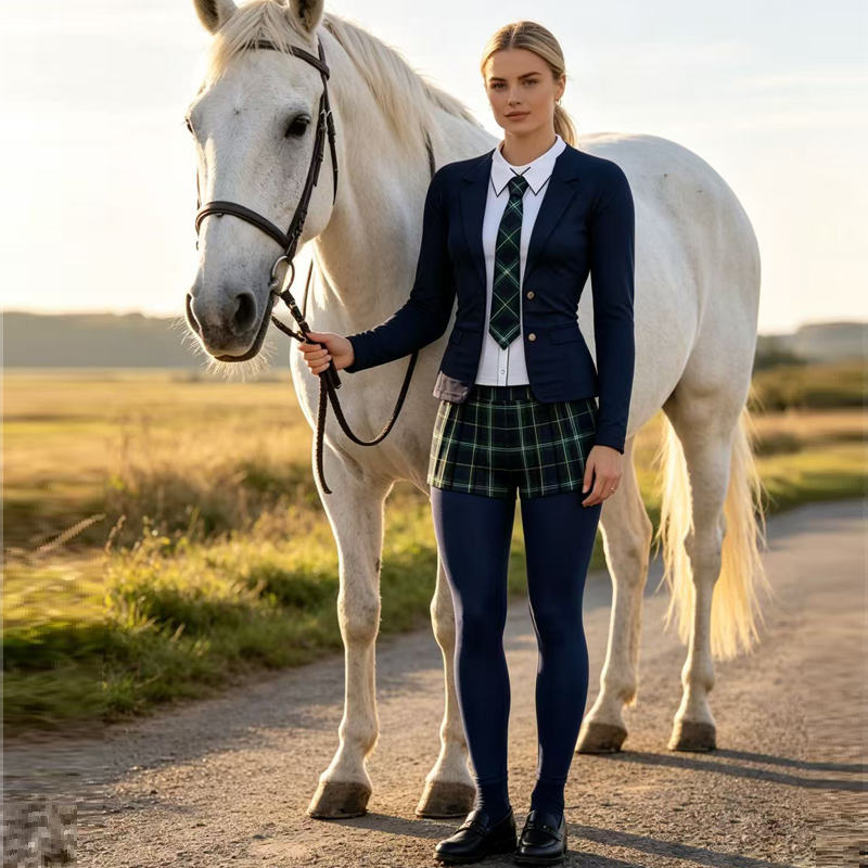 Rider wearing a complete equestrian outfit beside a horse