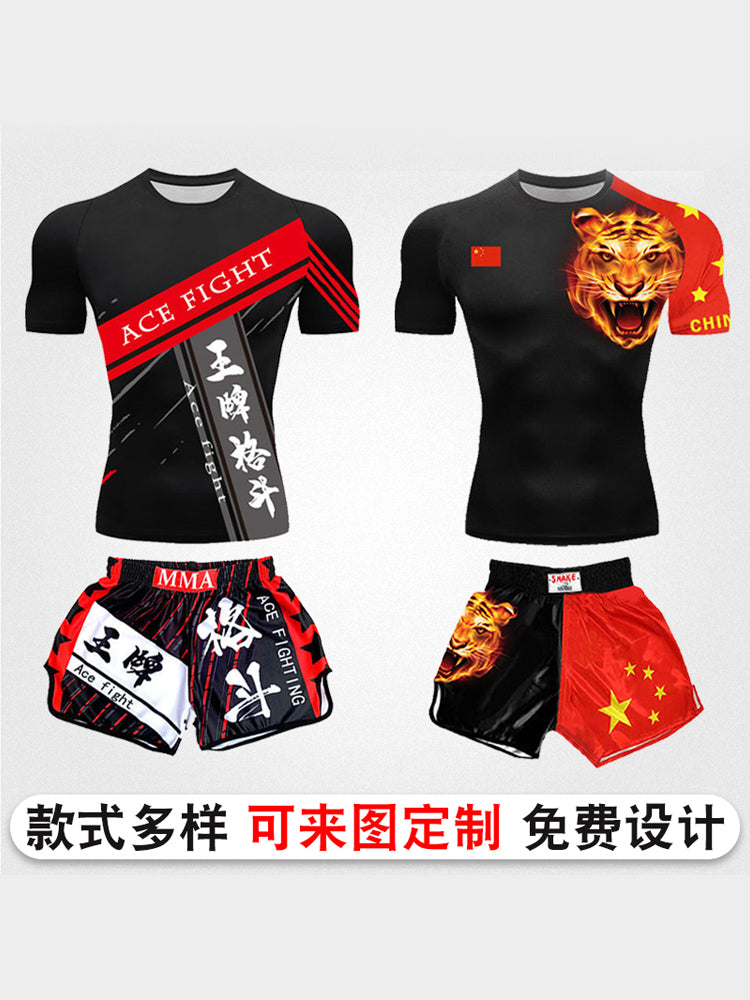 Boxing training clothes Muay Thai shorts men/women/children UFC Sanda fighting MMA children's short-sleeved T-shirt suit customization - SURPHY
