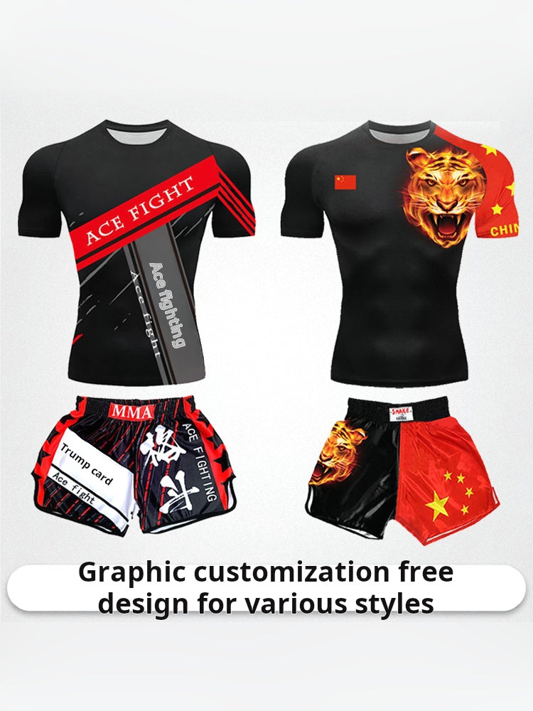 Boxing training clothes Muay Thai shorts men/women/children UFC Sanda fighting MMA children's short-sleeved T-shirt suit customization - SURPHY